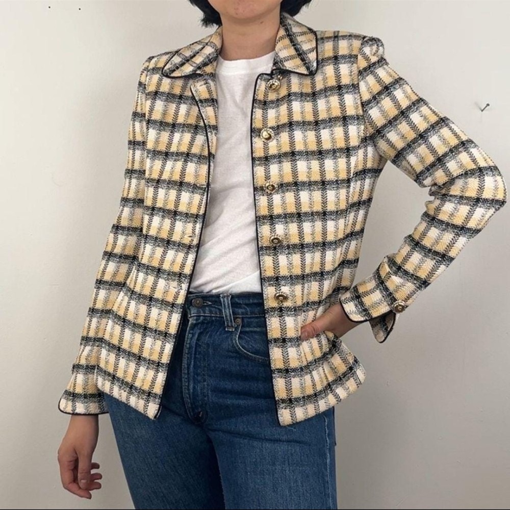 St John Collection Yellow and Black Plaid Tweed
Knit Blazer Sz 2